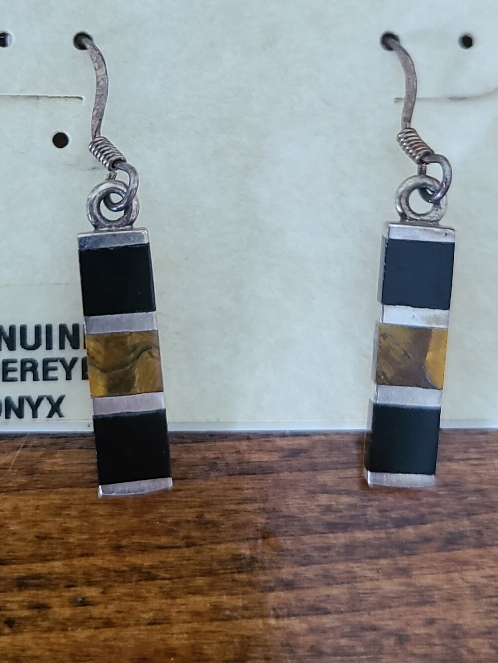 Tigers Eye and Onyx Sterling Earrings - Picture 2 of 4